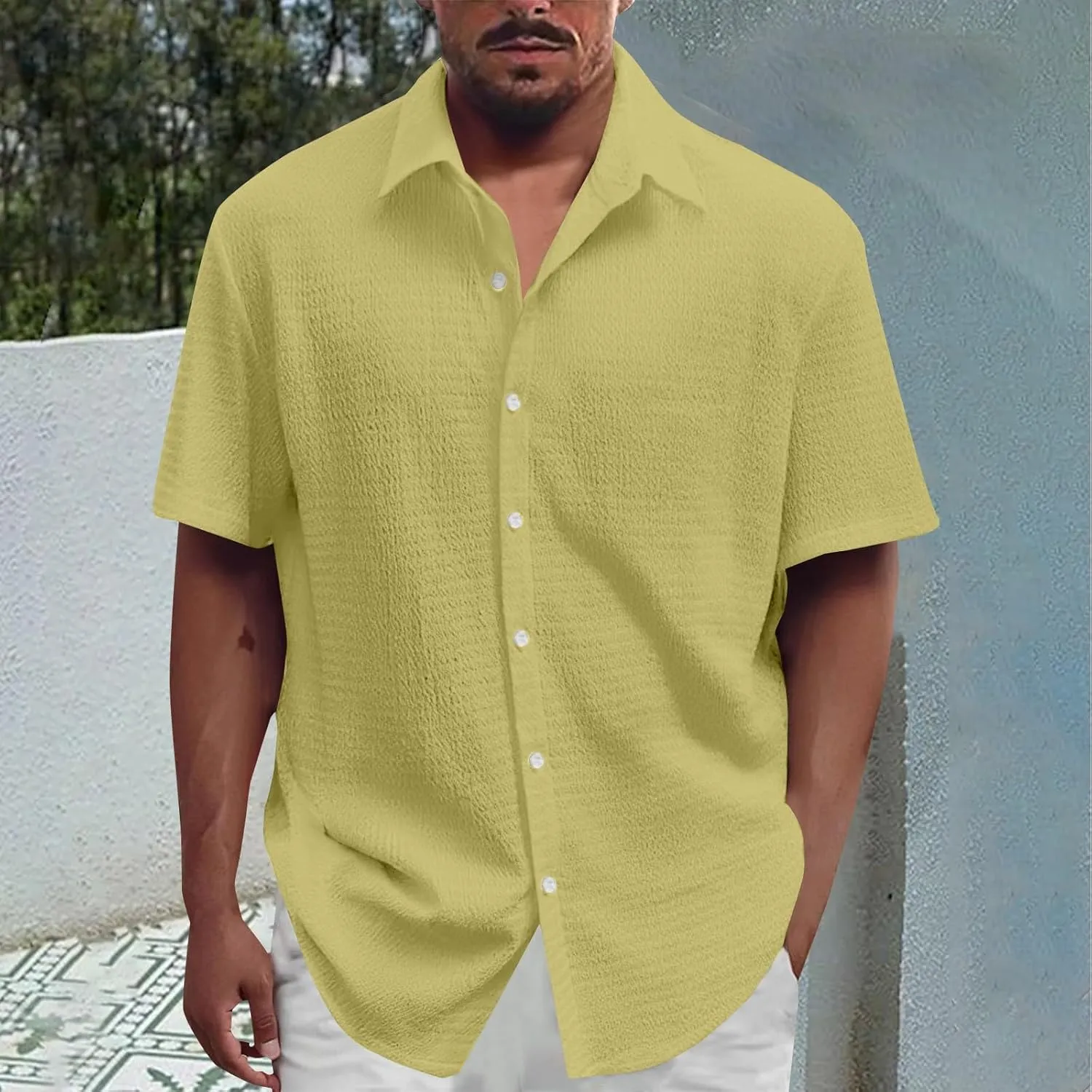 Men's Casual Button Down Shirts Short Sleeve Linen Teshirts Summer Beach Dress Shirt Lightweight Relaxed Fit Tops