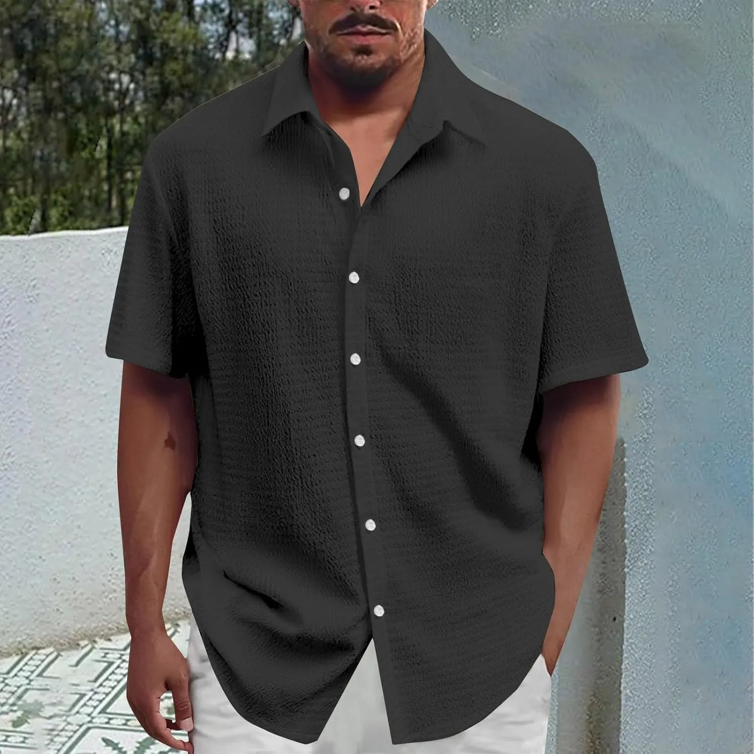 Men's Casual Button Down Shirts Short Sleeve Linen Teshirts Summer Beach Dress Shirt Lightweight Relaxed Fit Tops