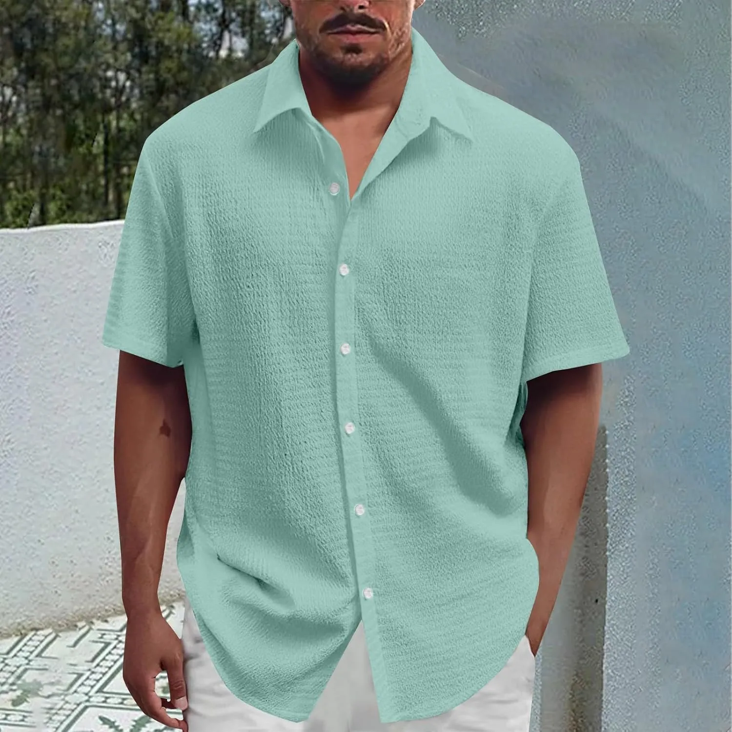 Men's Casual Button Down Shirts Short Sleeve Linen Teshirts Summer Beach Dress Shirt Lightweight Relaxed Fit Tops