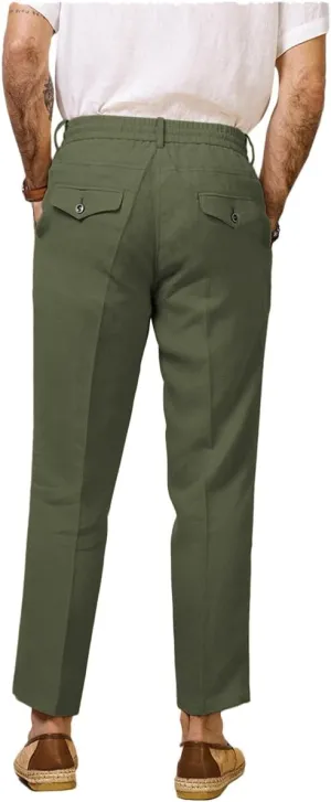 Men's Casual Cotton Linen Pants Summer Drawstring Lounge Lightweight Summer Beach Trousers Elastic Waist