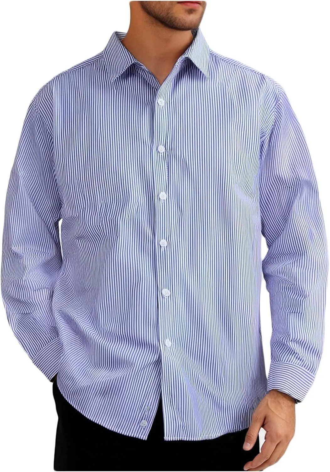 Mens Classic Casual Vertical Striped Shirts Relaxed Fit Long Sleeve Dress Shirts Big and Tall Button Down Work Shirt