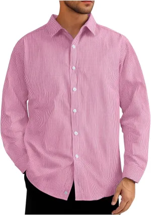 Mens Classic Casual Vertical Striped Shirts Relaxed Fit Long Sleeve Dress Shirts Big and Tall Button Down Work Shirt