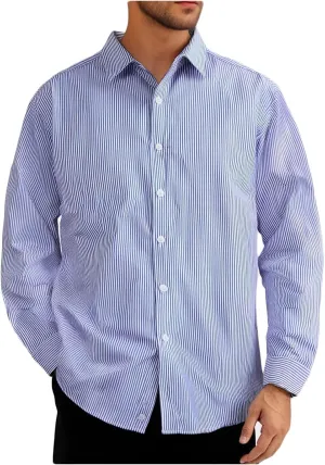 Mens Classic Casual Vertical Striped Shirts Relaxed Fit Long Sleeve Dress Shirts Big and Tall Button Down Work Shirt
