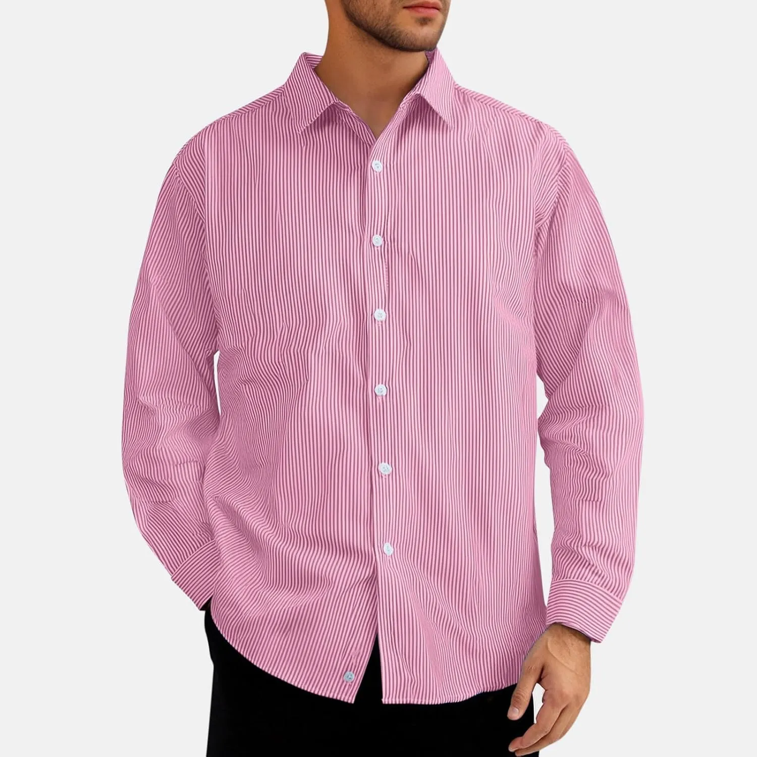 Mens Classic Casual Vertical Striped Shirts Relaxed Fit Long Sleeve Dress Shirts Big and Tall Button Down Work Shirt