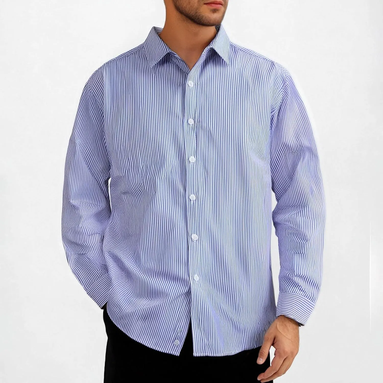 Mens Classic Casual Vertical Striped Shirts Relaxed Fit Long Sleeve Dress Shirts Big and Tall Button Down Work Shirt