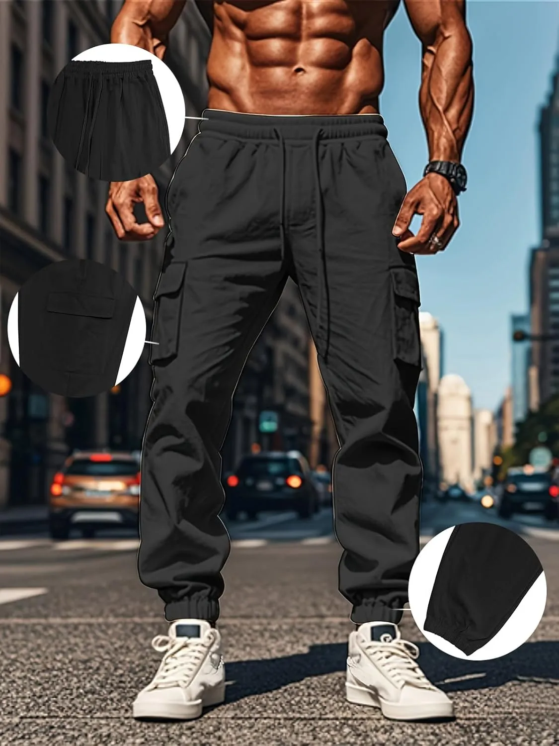 Mens Cotton Cargo Pants Casual Drawstring Pants Stretch Elastic Waist Lightweight Work Pants Multi Pockets