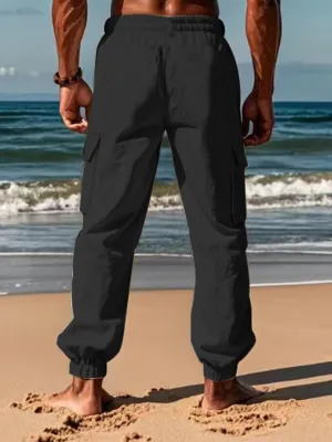 Mens Cotton Cargo Pants Casual Drawstring Pants Stretch Elastic Waist Lightweight Work Pants Multi Pockets