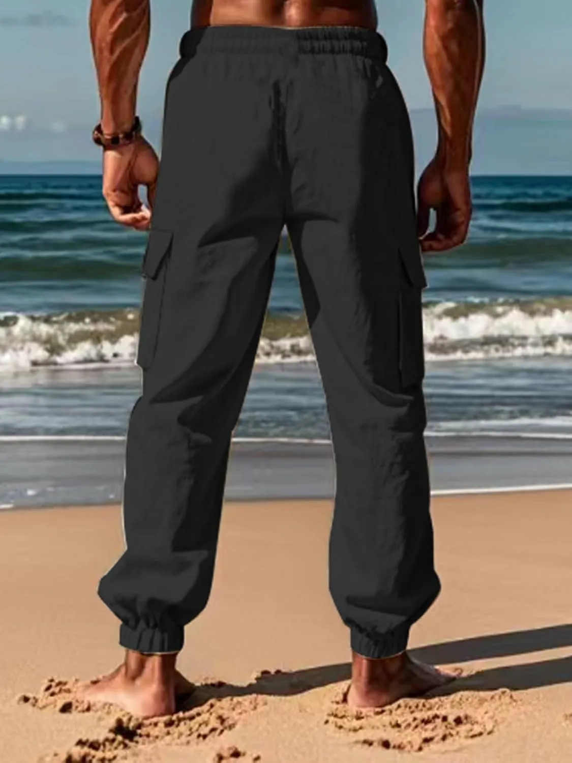 Mens Cotton Cargo Pants Casual Drawstring Pants Stretch Elastic Waist Lightweight Work Pants Multi Pockets