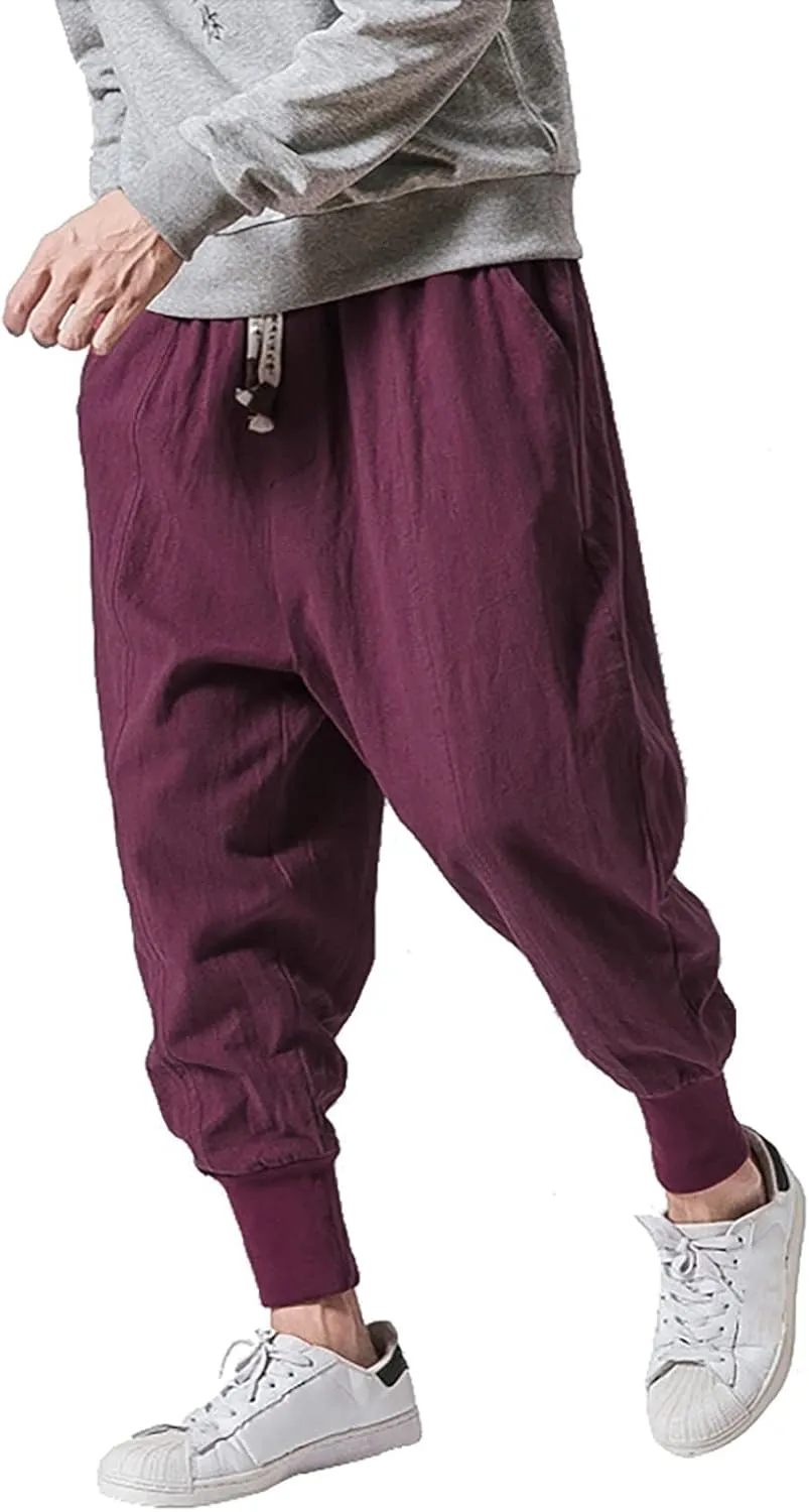 Mens Drawstring Hippie Aladdil Harem Pants Men Elastic Waist with Pockets Fashion Solid Color Oversized Tapered