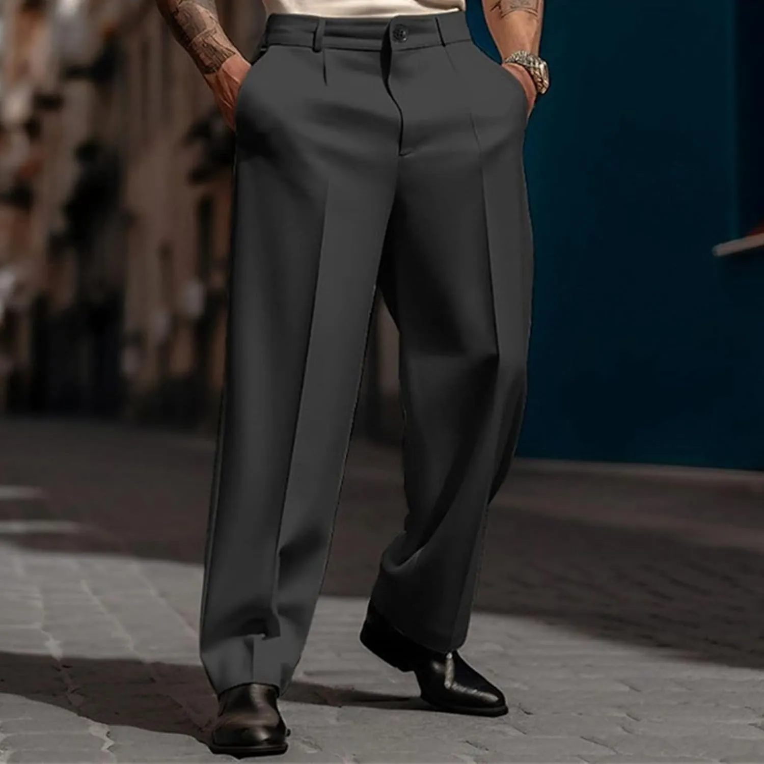 Men's Dress Pants Solid Color Loose Button Closure Straight Leg Pants Comfort Business Casual Trousers with Pockets