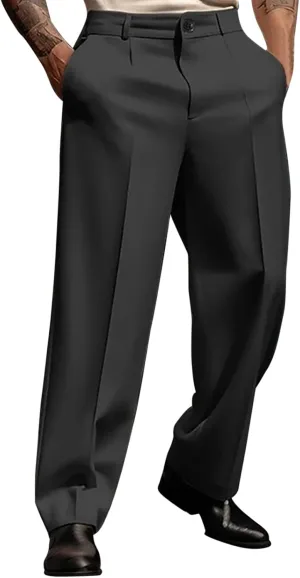 Men's Dress Pants Solid Color Loose Button Closure Straight Leg Pants Comfort Business Casual Trousers with Pockets