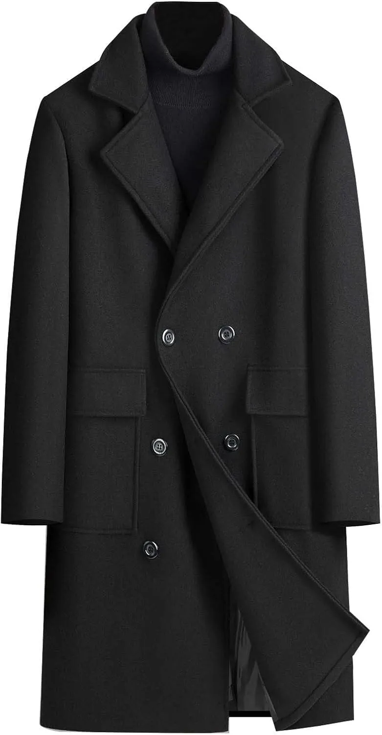 Men's Fall Winter Office Double Breasted Long Dress Wool Coat Overcoat Warm Woolen Casual Lapel Collar Trench Coats