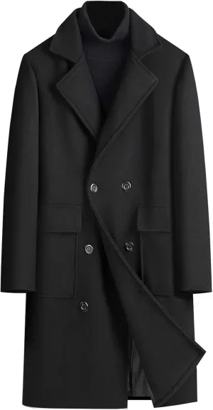 Men's Fall Winter Office Double Breasted Long Dress Wool Coat Overcoat Warm Woolen Casual Lapel Collar Trench Coats
