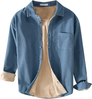 Mens Fleece Lined Corduroy Shirt Long Sleeve Button Down Sweatshirt Plus Size Textured Pullover Winter Thermal Jacket