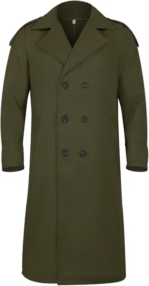 Men's Full Length Winter Trench Coat Double Breasted Wool Blend Long Windbreaker Notch Lapel Peacoat Overcoat