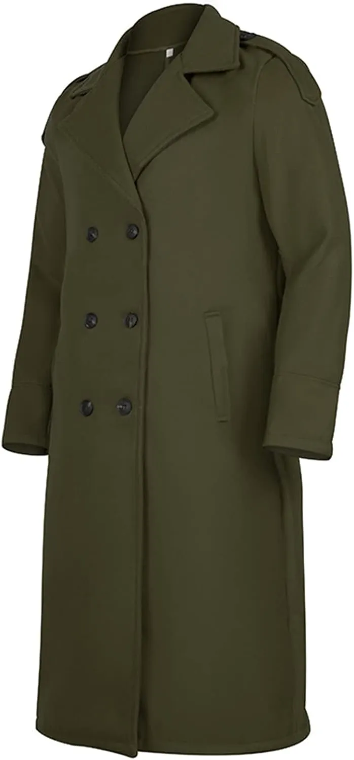 Men's Full Length Winter Trench Coat Double Breasted Wool Blend Long Windbreaker Notch Lapel Peacoat Overcoat