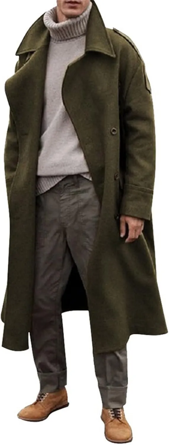 Men's Full Length Winter Trench Coat Double Breasted Wool Blend Long Windbreaker Notch Lapel Peacoat Overcoat