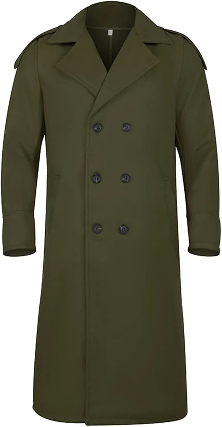 Men's Full Length Winter Trench Coat Double Breasted Wool Blend Long Windbreaker Notch Lapel Peacoat Overcoat