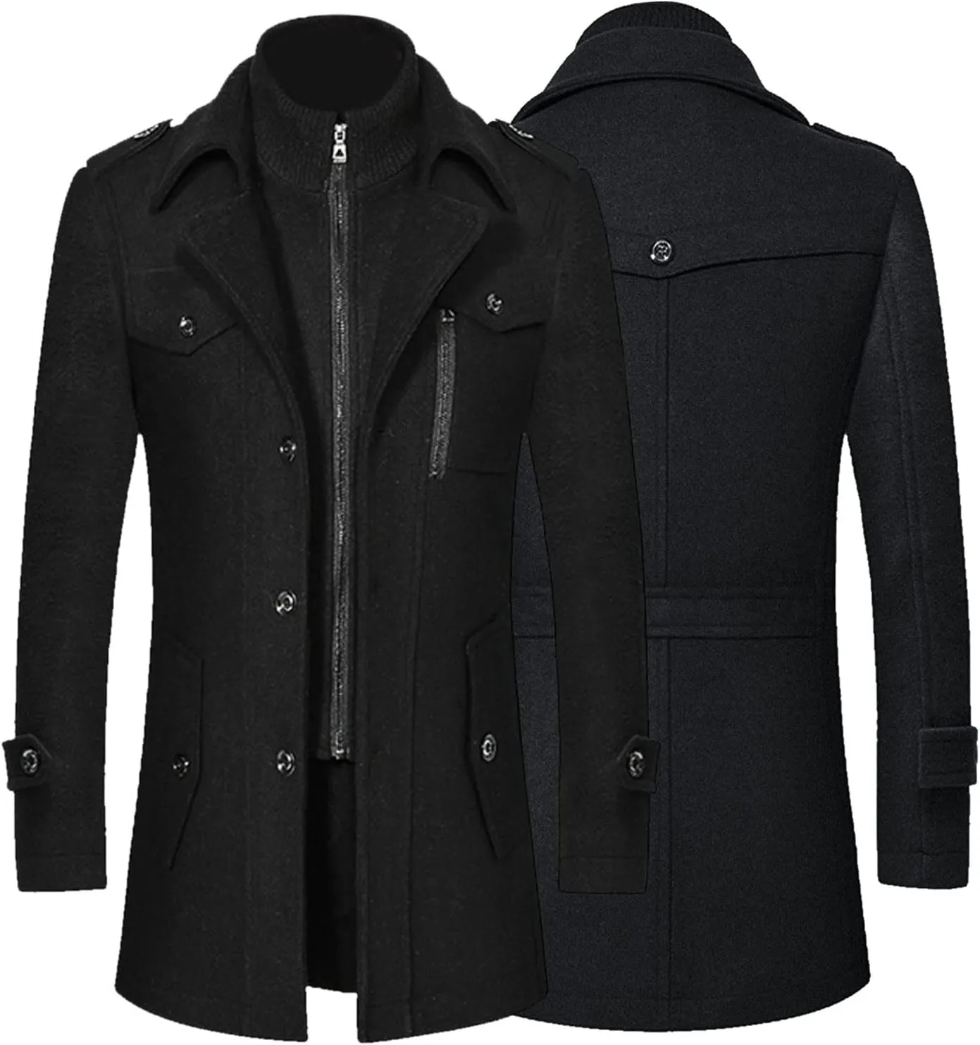 Men's Gentle Layered Collar Single Breasted Quilted Lined Wool Blend Pea Coats Winter Stylish Military Peacoat