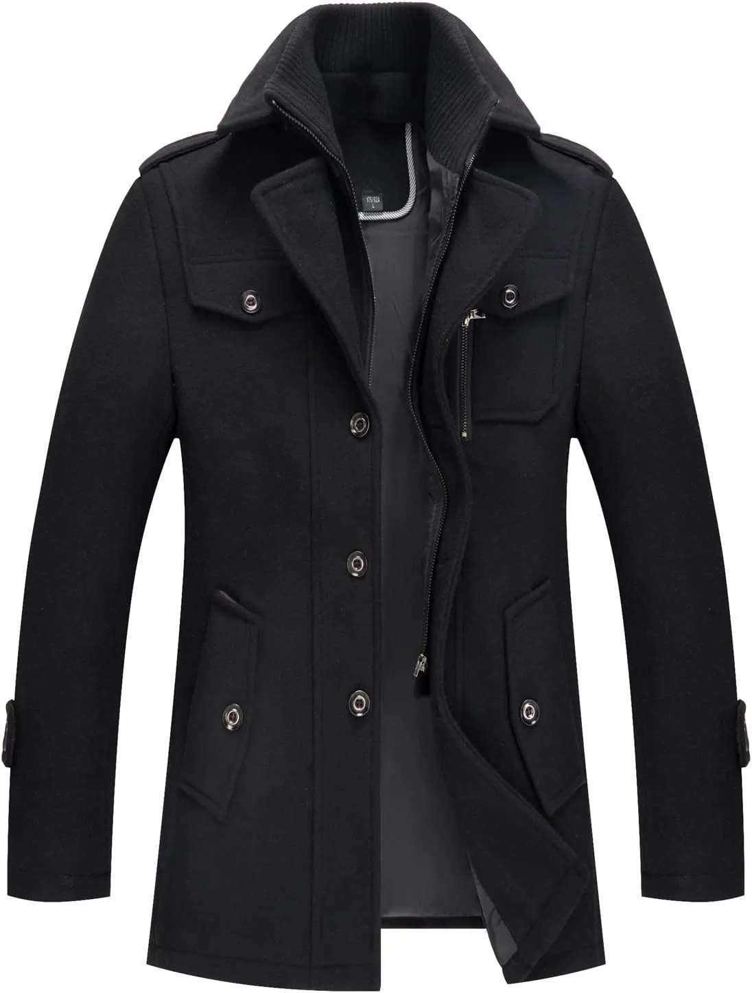 Men's Gentle Layered Collar Single Breasted Quilted Lined Wool Blend Pea Coats Winter Stylish Military Peacoat