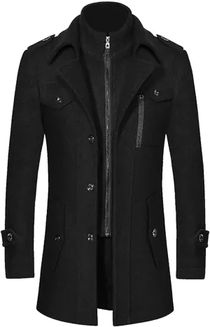 Men's Gentle Layered Collar Single Breasted Quilted Lined Wool Blend Pea Coats Winter Stylish Military Peacoat