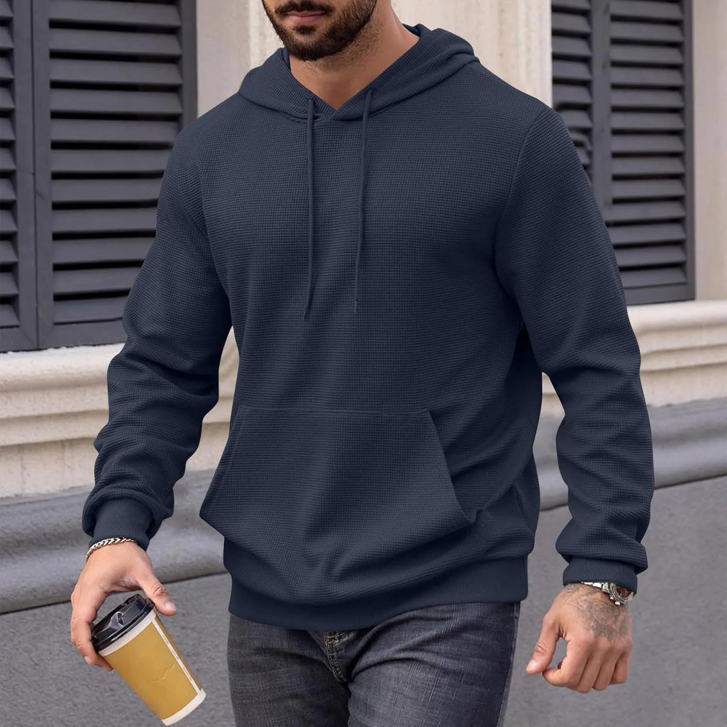 Mens Hooded Sweatshirt Long Sleeve Drawstring Solid Color Hoodies With Pocket Casual Relaxed Fit Pullover Shirts Tops