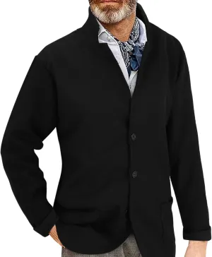 Mens Knit Cardigans Coats Button Down Stand Collar Soft Sweater Jackets Waffle Textured Classic Casual Warm Outwear