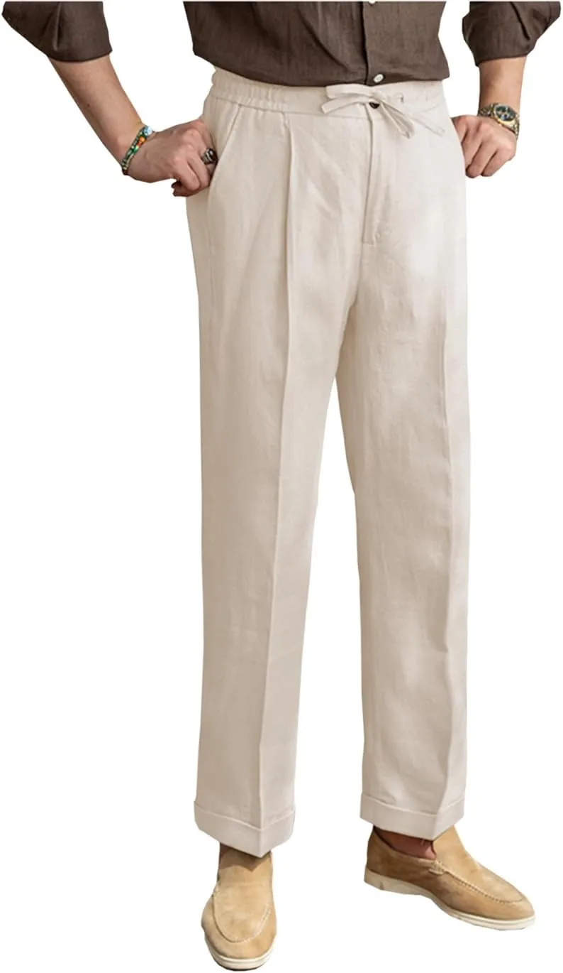 Mens Linen Pants Casual Elastic Waist Drawstring Lightweight Summer Beach Vintage Dress Long Pants Trousers