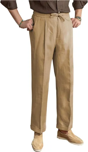 Mens Linen Pants Casual Elastic Waist Drawstring Lightweight Summer Beach Vintage Dress Long Pants Trousers