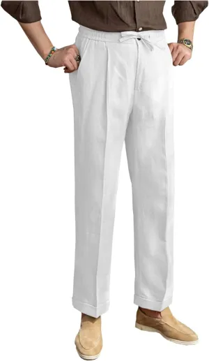 Mens Linen Pants Casual Elastic Waist Drawstring Lightweight Summer Beach Vintage Dress Long Pants Trousers