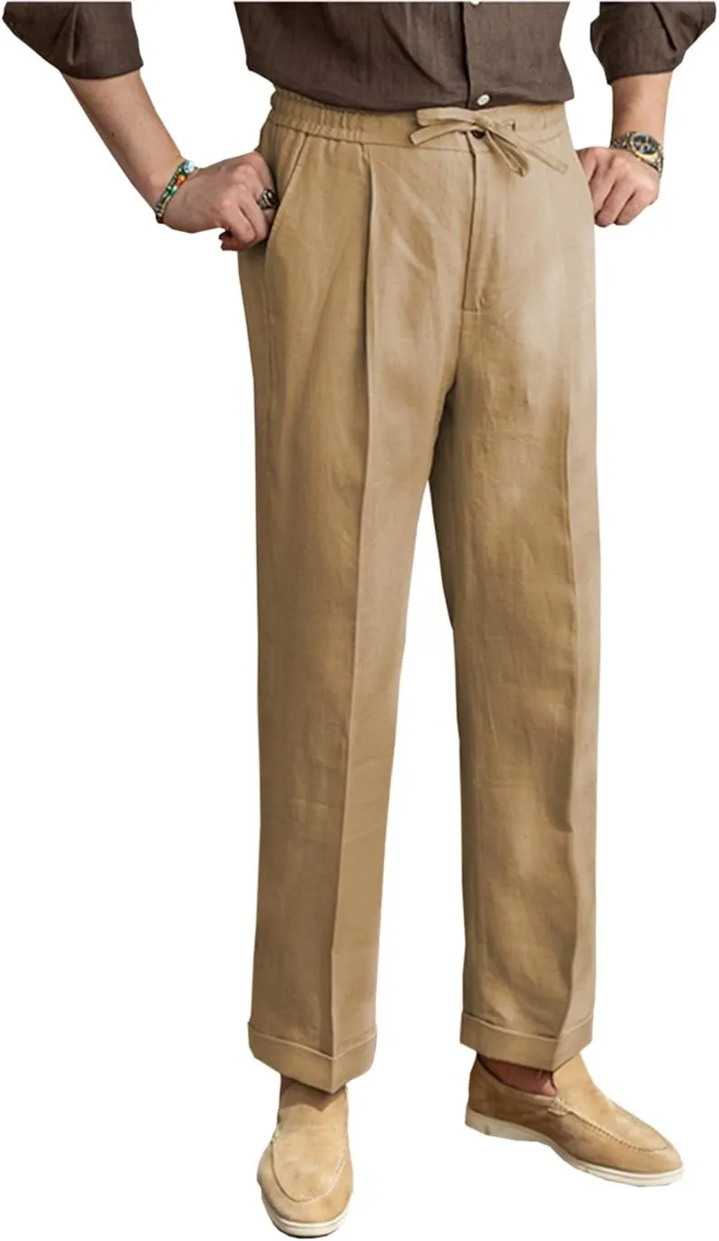 Mens Linen Pants Casual Elastic Waist Drawstring Lightweight Summer Beach Vintage Dress Long Pants Trousers