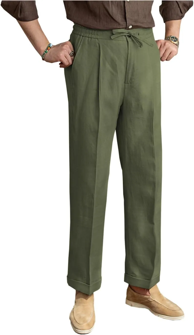 Mens Linen Pants Casual Elastic Waist Drawstring Lightweight Summer Beach Vintage Dress Long Pants Trousers