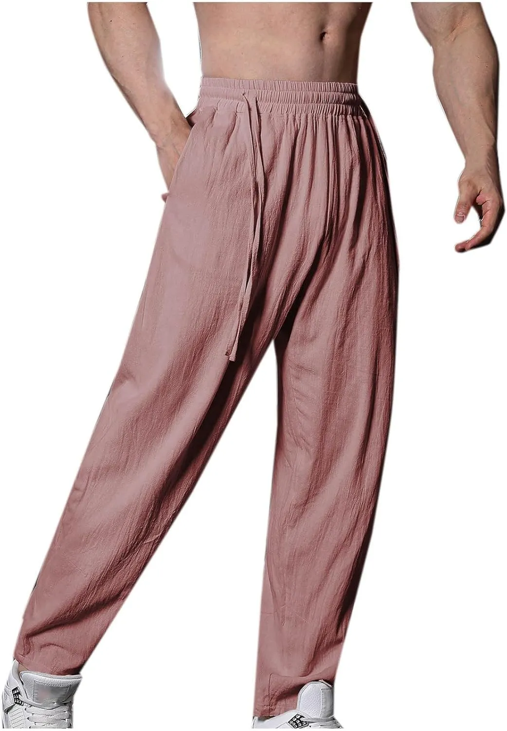 Men's Linen Pants Solid Color Elastic Waist Pants Relaxed Drawstring Pants Active Chinos Pants Comfy Joggers Pants