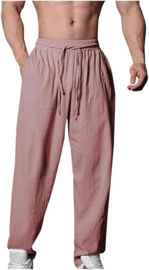 Men's Linen Pants Solid Color Elastic Waist Pants Relaxed Drawstring Pants Active Chinos Pants Comfy Joggers Pants