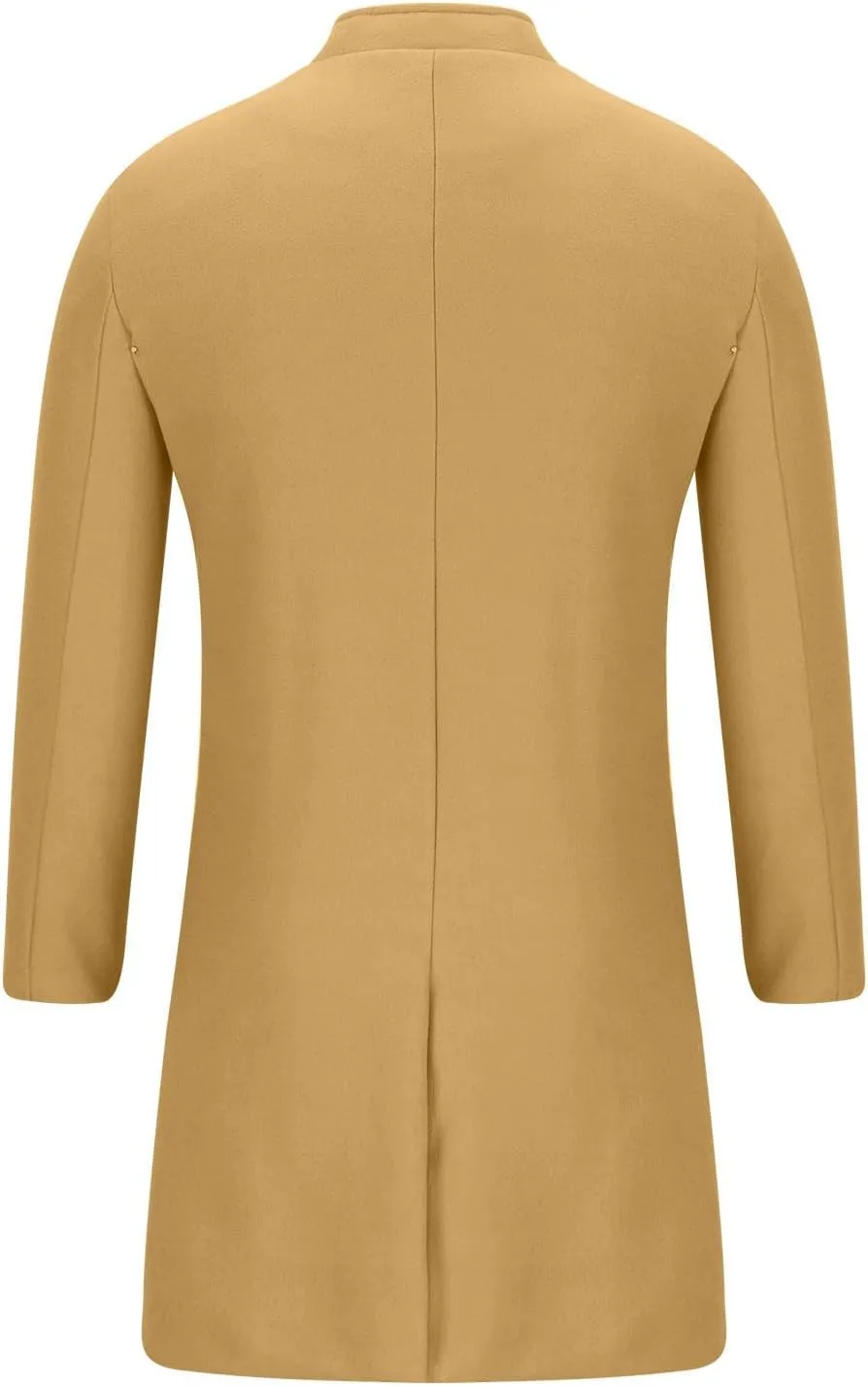 Men's Luxury Mid Length Trench Coat Long Wool Overcoat Winter Windbreaker Stand Collar Casual Outwear & Jackets