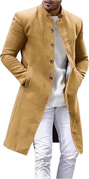 Men's Luxury Mid Length Trench Coat Long Wool Overcoat Winter Windbreaker Stand Collar Casual Outwear & Jackets