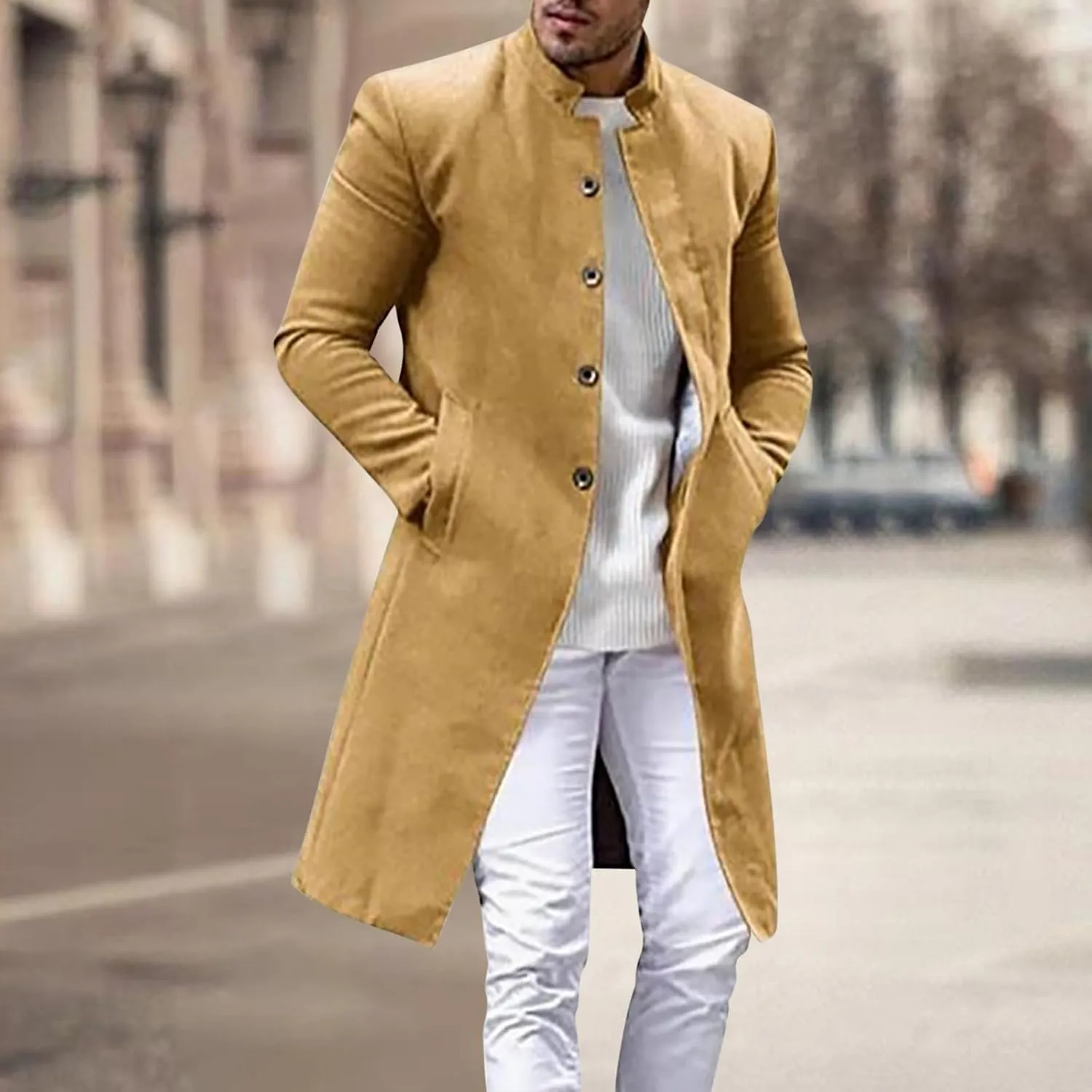 Men's Luxury Mid Length Trench Coat Long Wool Overcoat Winter Windbreaker Stand Collar Casual Outwear & Jackets