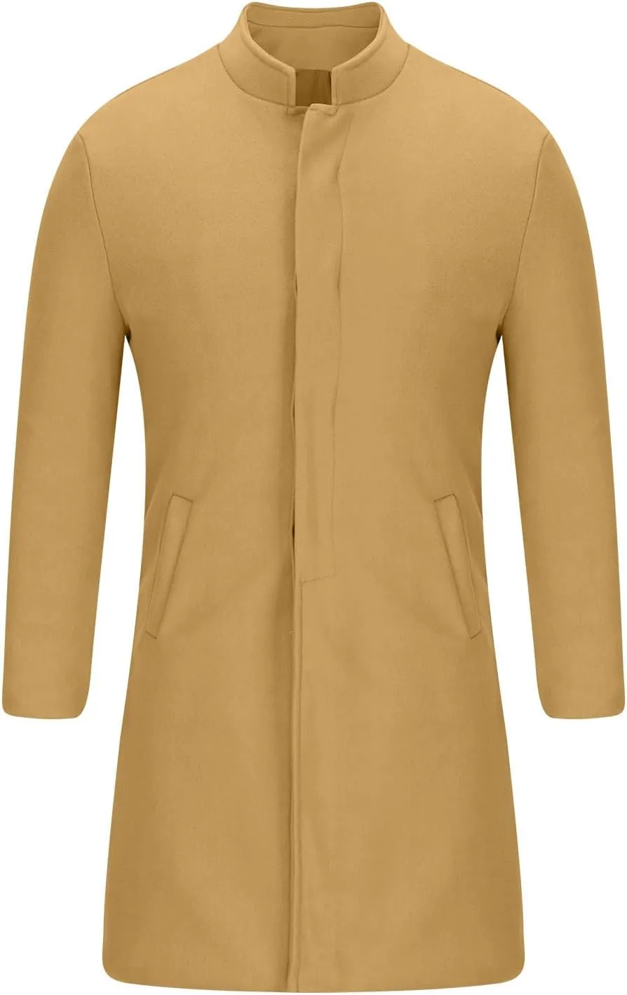 Men's Luxury Mid Length Trench Coat Long Wool Overcoat Winter Windbreaker Stand Collar Casual Outwear & Jackets