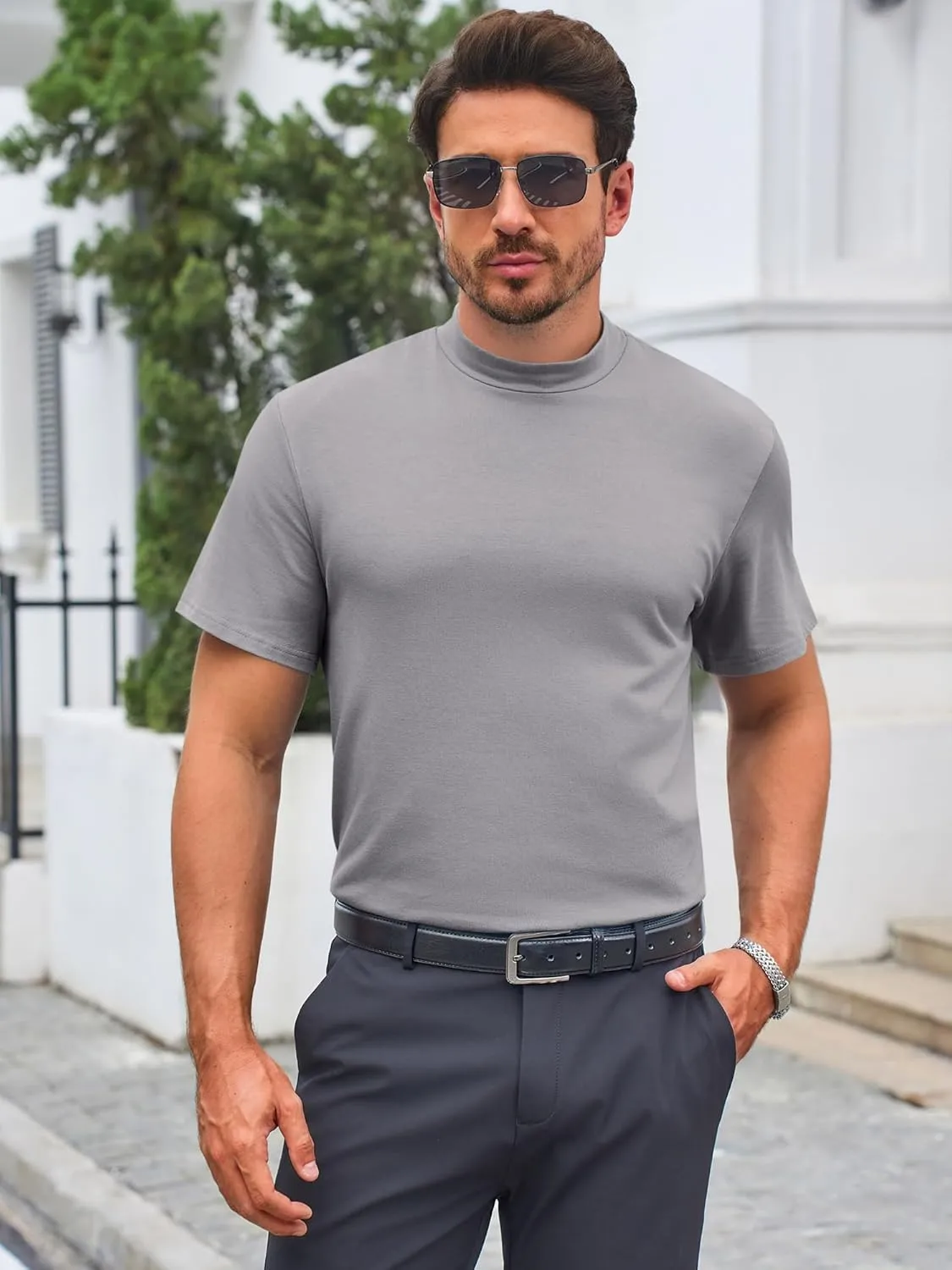 Mens Mock Turtleneck T Shirts Short Sleeve Cotton Basic Undershirt Relaxed Fit Lightweight Solid Pullover Tops