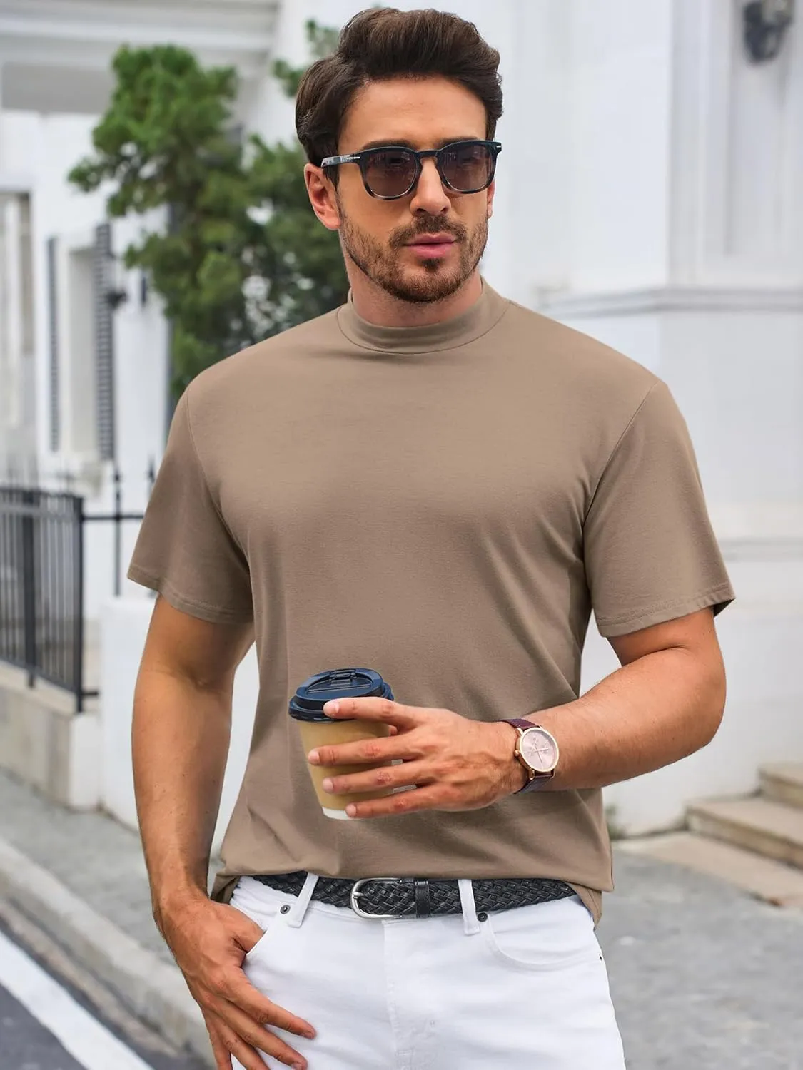 Mens Mock Turtleneck T Shirts Short Sleeve Cotton Basic Undershirt Relaxed Fit Lightweight Solid Pullover Tops