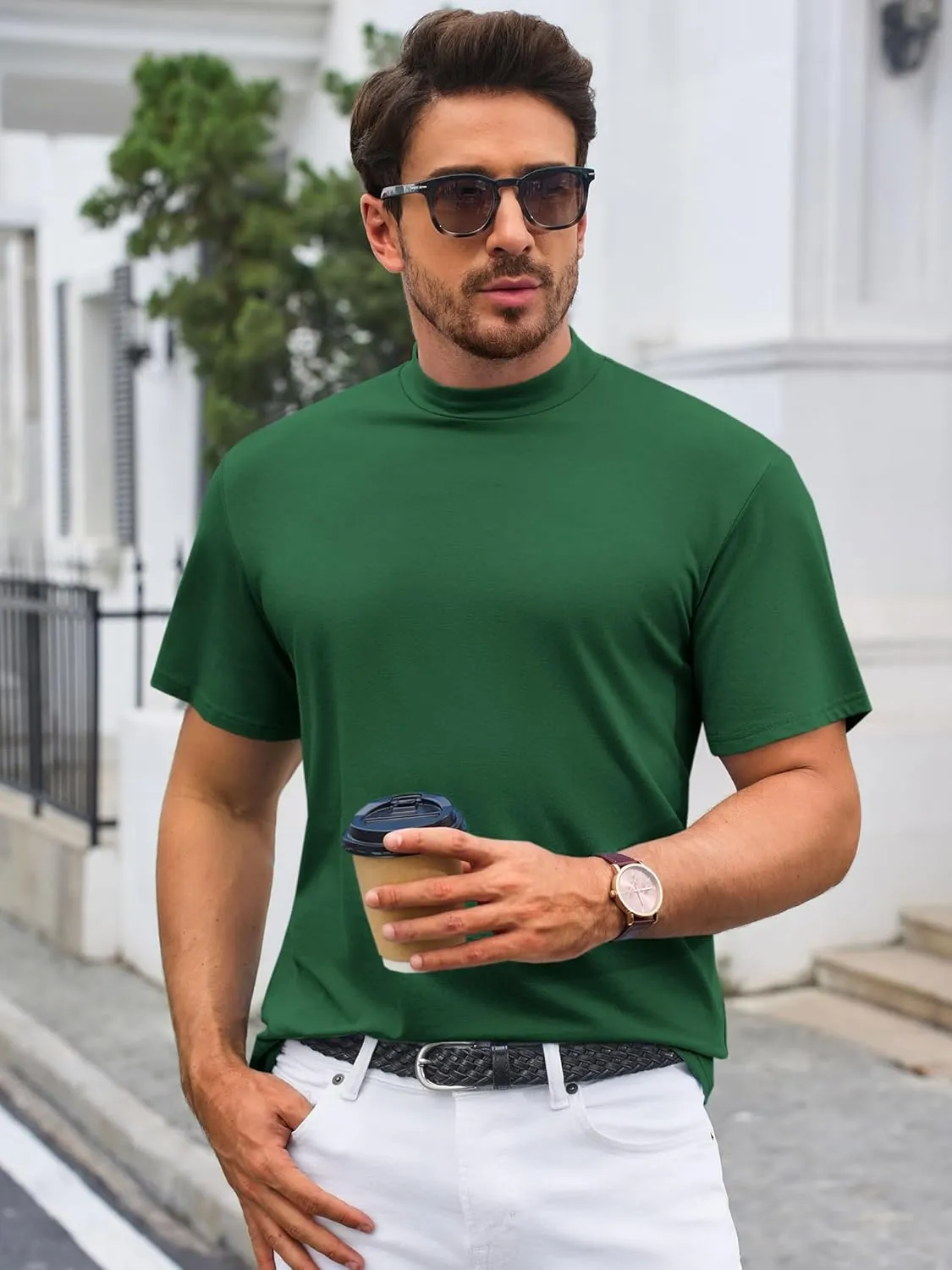 Mens Mock Turtleneck T Shirts Short Sleeve Cotton Basic Undershirt Relaxed Fit Lightweight Solid Pullover Tops