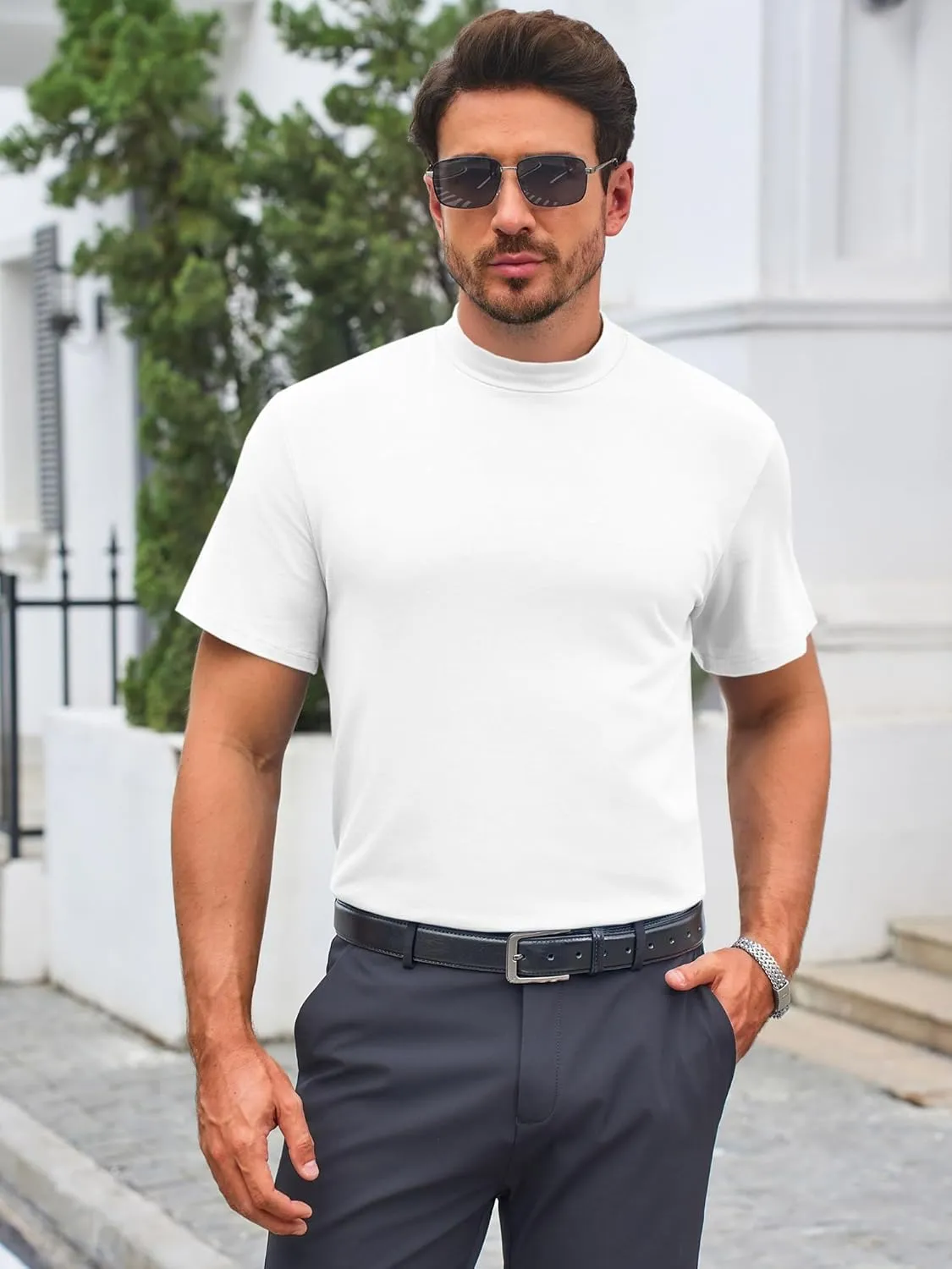 Mens Mock Turtleneck T Shirts Short Sleeve Cotton Basic Undershirt Relaxed Fit Lightweight Solid Pullover Tops