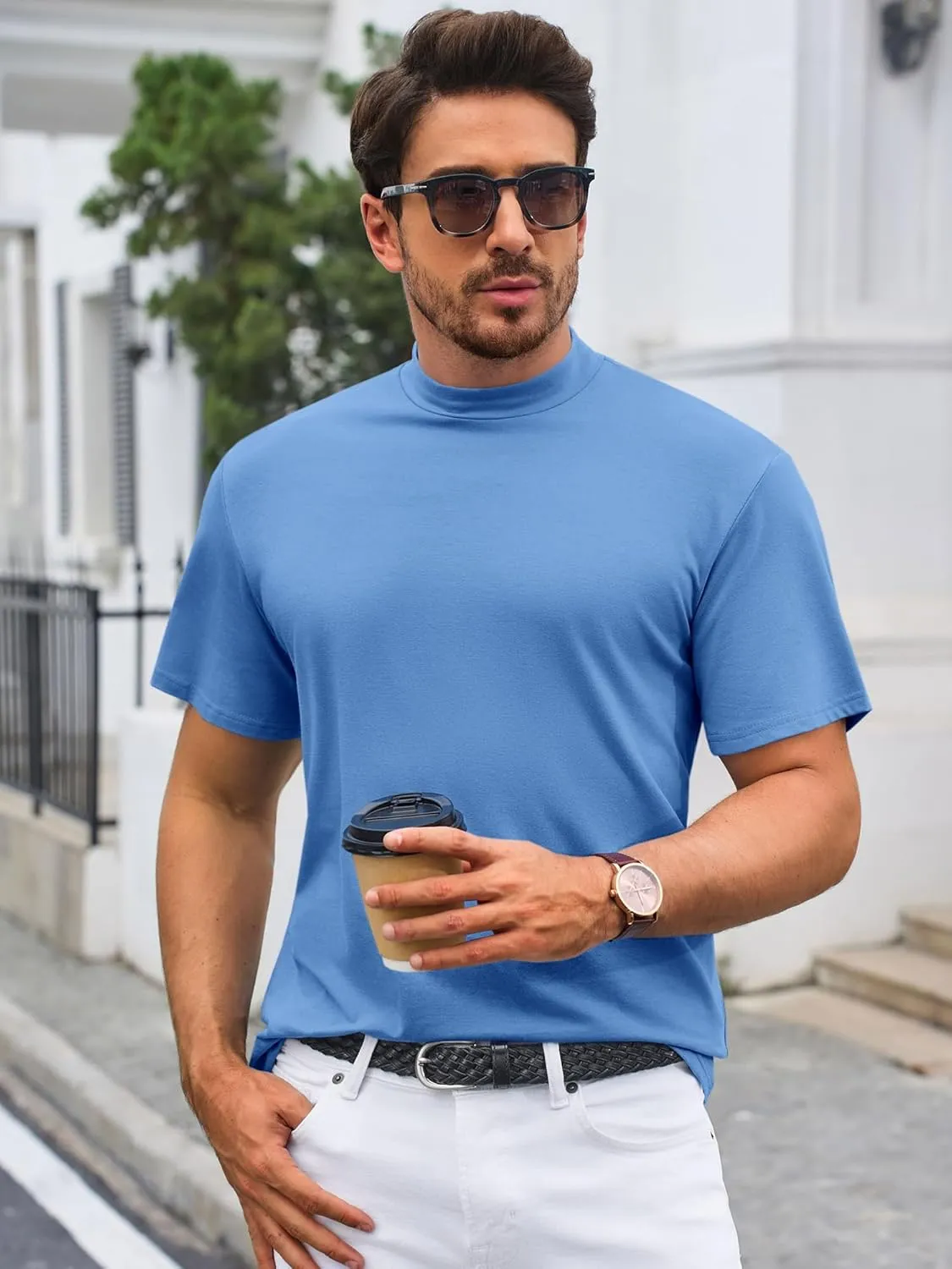 Mens Mock Turtleneck T Shirts Short Sleeve Cotton Basic Undershirt Relaxed Fit Lightweight Solid Pullover Tops