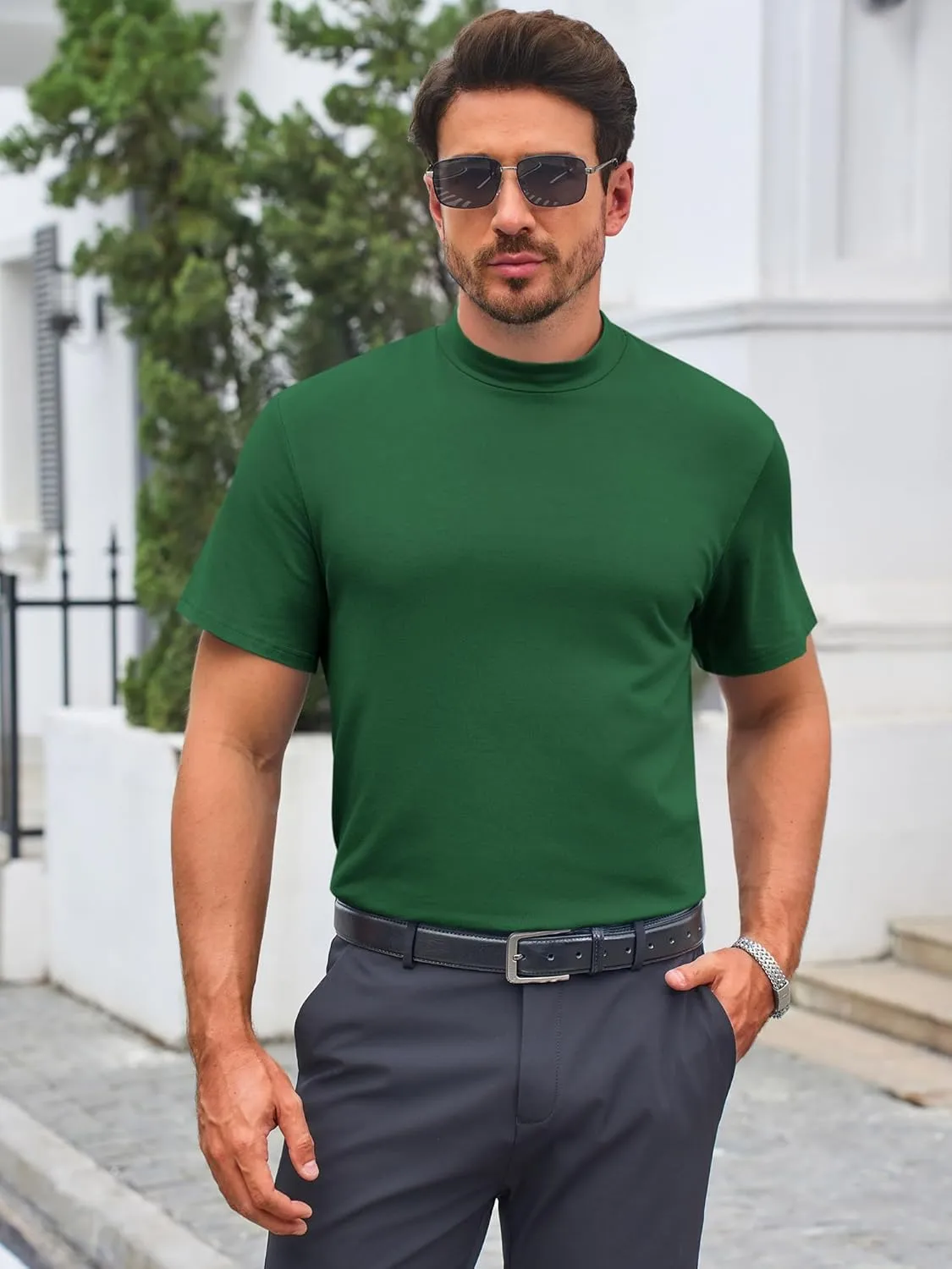 Mens Mock Turtleneck T Shirts Short Sleeve Cotton Basic Undershirt Relaxed Fit Lightweight Solid Pullover Tops