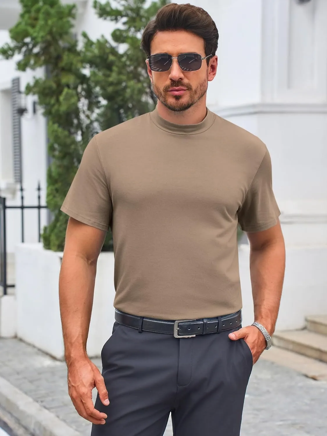 Mens Mock Turtleneck T Shirts Short Sleeve Cotton Basic Undershirt Relaxed Fit Lightweight Solid Pullover Tops