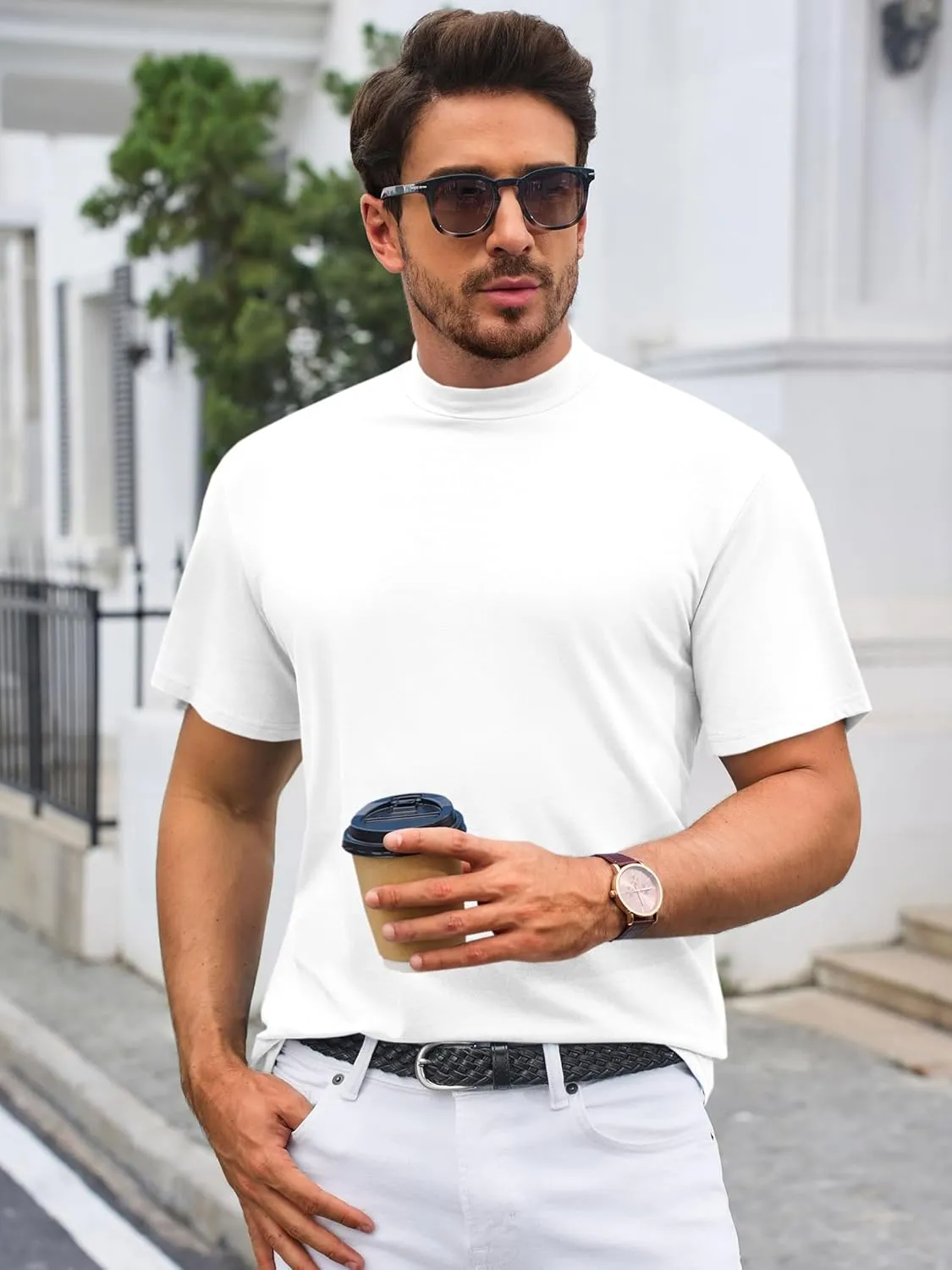 Mens Mock Turtleneck T Shirts Short Sleeve Cotton Basic Undershirt Relaxed Fit Lightweight Solid Pullover Tops