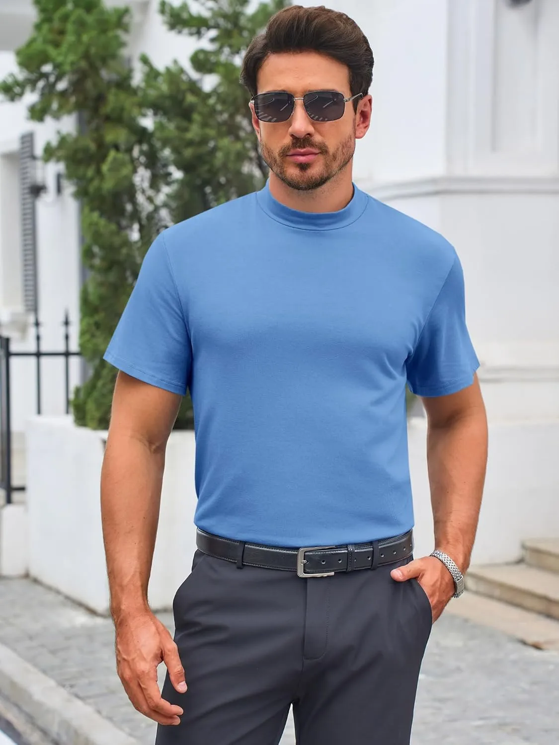 Mens Mock Turtleneck T Shirts Short Sleeve Cotton Basic Undershirt Relaxed Fit Lightweight Solid Pullover Tops