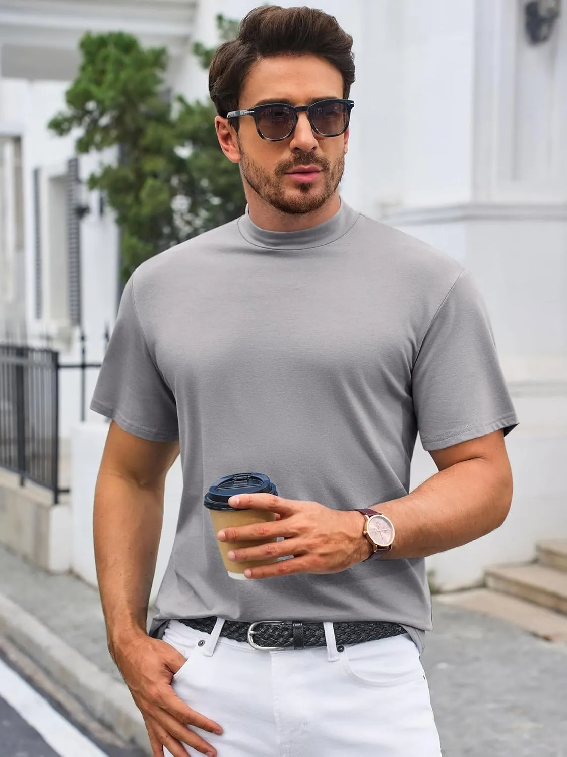 Mens Mock Turtleneck T Shirts Short Sleeve Cotton Basic Undershirt Relaxed Fit Lightweight Solid Pullover Tops
