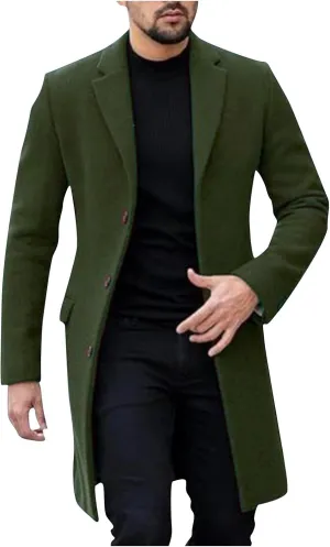 Men's Notch Lapel Single Breasted Long Trench Coat Casual Cotton Blend Peacoat Slim Fit Winter Pea Coat Overcoats