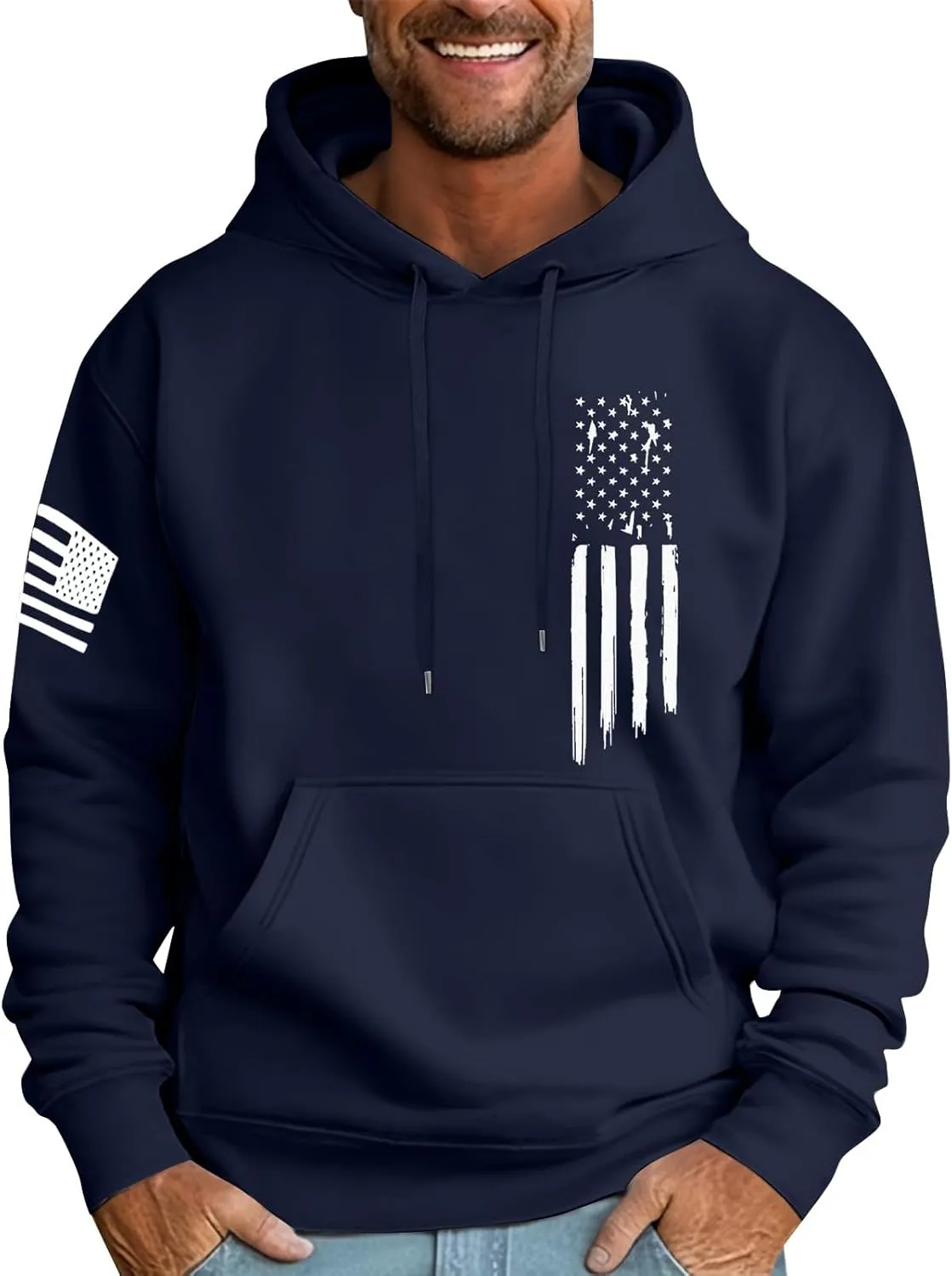 Men's Patriotic Hoodies USA Flag Print Hoodie Big and Tall Patriotic Graphic Long Sleeve Sweatshirt with Kangro Pocket